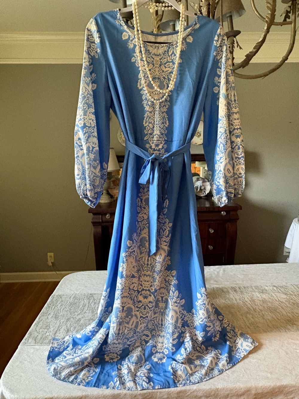 Blue Floral Midi/Maxi Dress with Tie Empire Waist